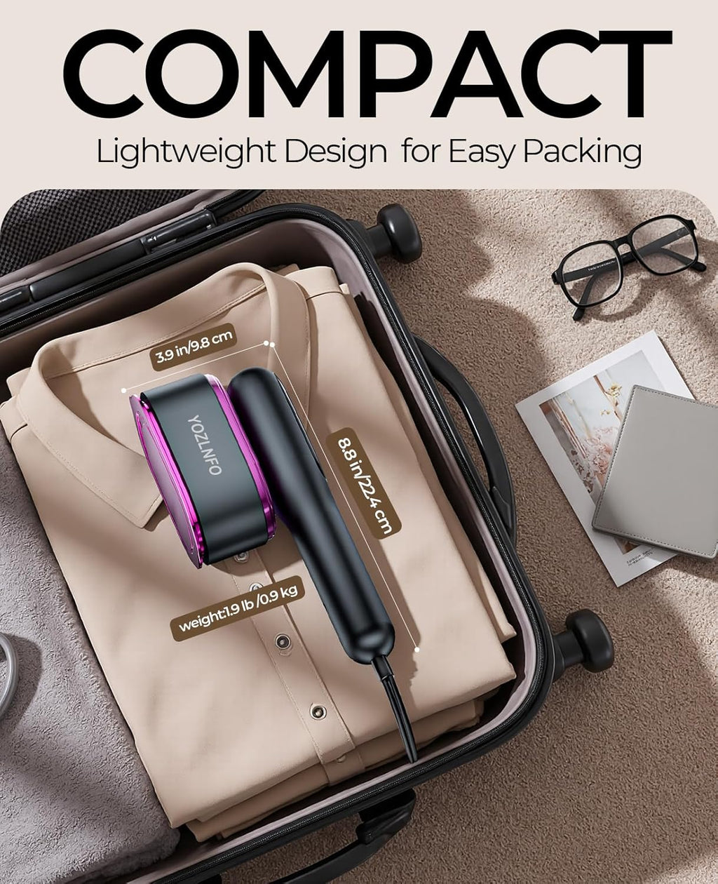Skiennix Portable Travel Steamer - 2-in-1 Mini Handheld Iron with Fast 15s Heat Up & 5 Settings - Purple Pink