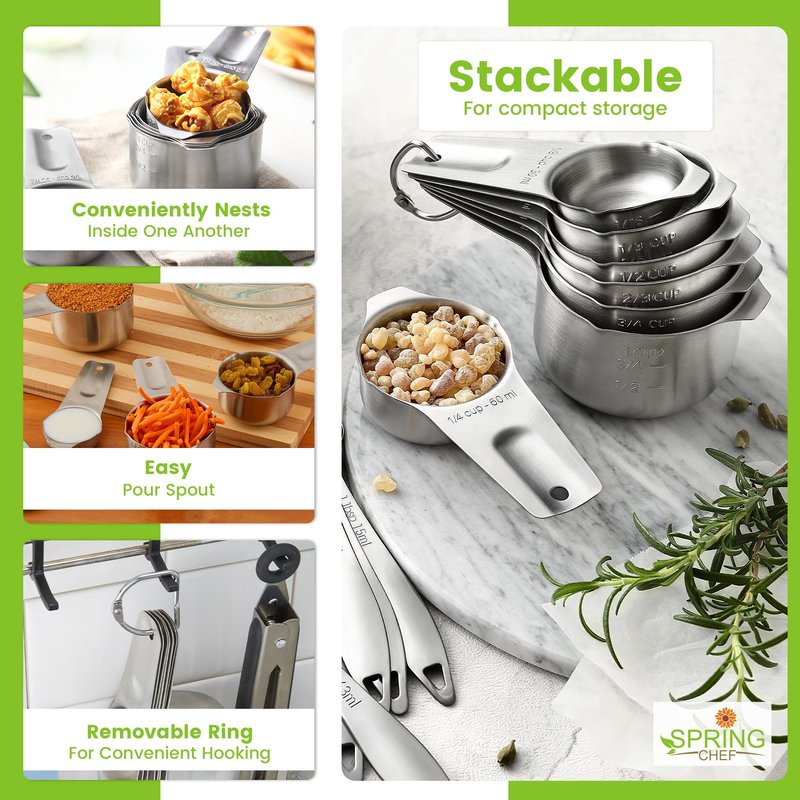 Spring Chef Stainless Steel Measuring Cups Set of 7 with Pour Spout - Nesting Kitchen Tools with Easy Read Markings to Measure Dry or Liquid Ingredients - Metal Measuring Cups for Baking & Cooking
