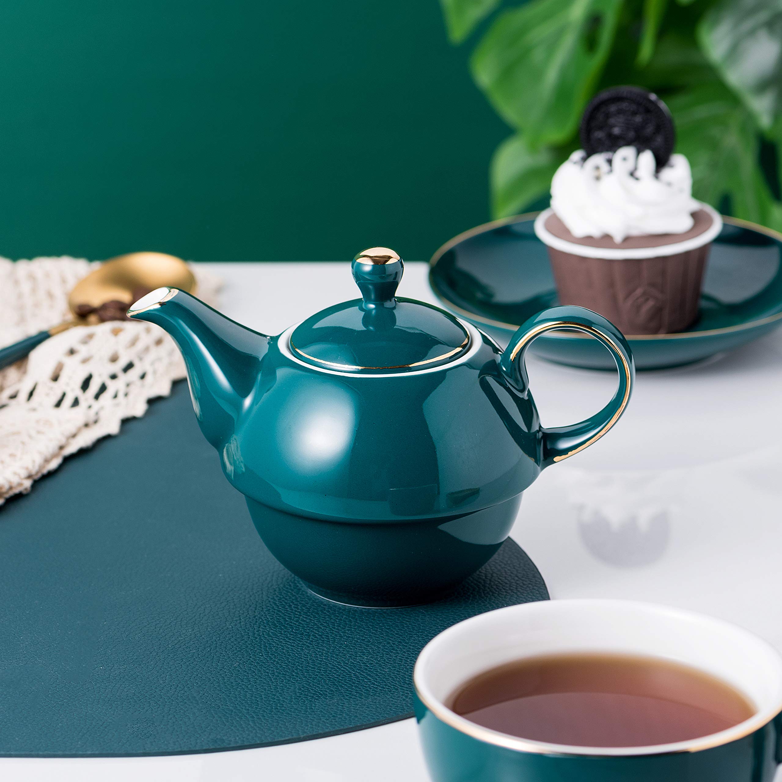Jusalpha Ceramic Tea Set for One- Dark Turquoise Green Fine China 16 OZ Teapot- Tea cup- Saucer Set, Tea-for-One set #08