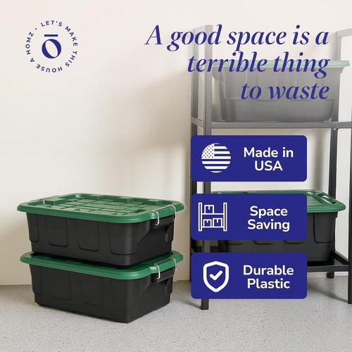 HOMZ 10-Gallon Stackable Storage Bins - Durable Plastic Containers with Lids & Latching Handles | Black/Green (2 Pack)