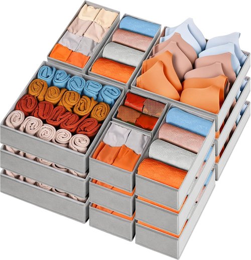 Criusia Drawer Organizers - 15 Pack Foldable Fabric Storage Bins for Clothing & Baby Clothes | Grey