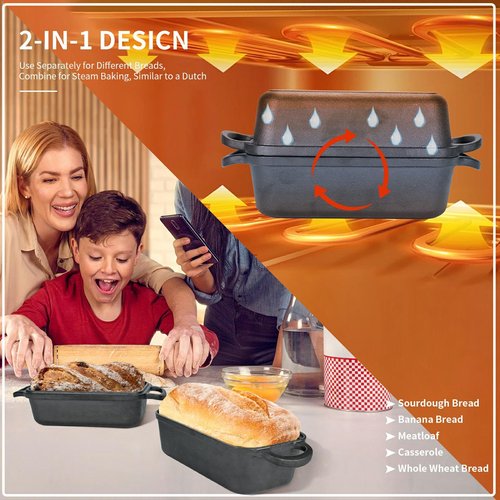 Blisswave Cast Iron Loaf Pan with Lid | Bread Baking Pans | Even Heat Distribution for Homemade Bread, Cake, Meatloaf | 2 Piece Set with 2 Bonus Bread Mats