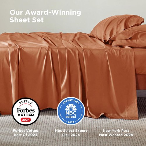 Bedsure Queen Sheet Set - Cooling Bamboo Rayon Sheets | Breathable & Soft, Deep Pocket 16" - Burnt Orange