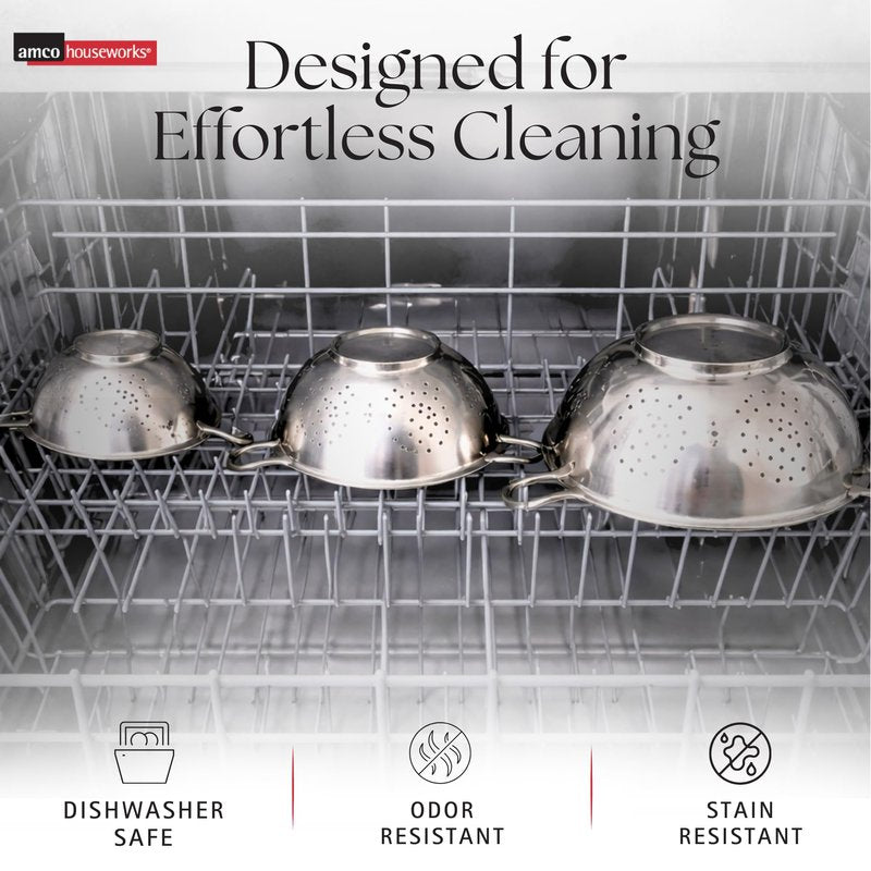 Amco 3-Piece Stainless Steel Colander Set - Multiple Sizes - 1.5, 3, 5 Quart - Durable, Professional Grade Design with Handles for Easy Transfer - Ideal Kitchen Strainer for Cooking & Washing