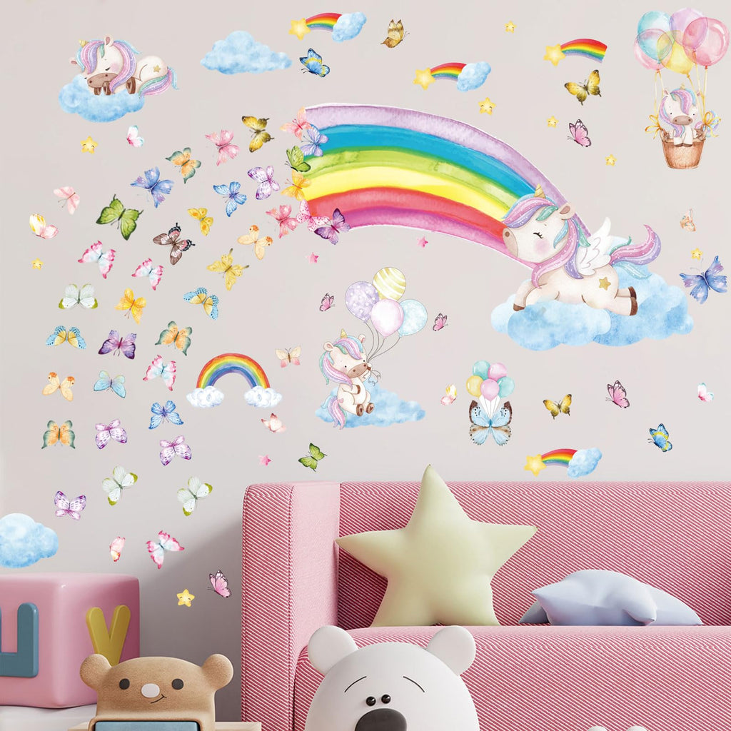 Glow in The Dark Large Rainbow and Unicorn Wall Decals,Glowing Luminous Star Butterfly Wall Stickers Removable Rainbow Unicorn Decals for Girls Bedroom Baby Nursery Living Room Decoration