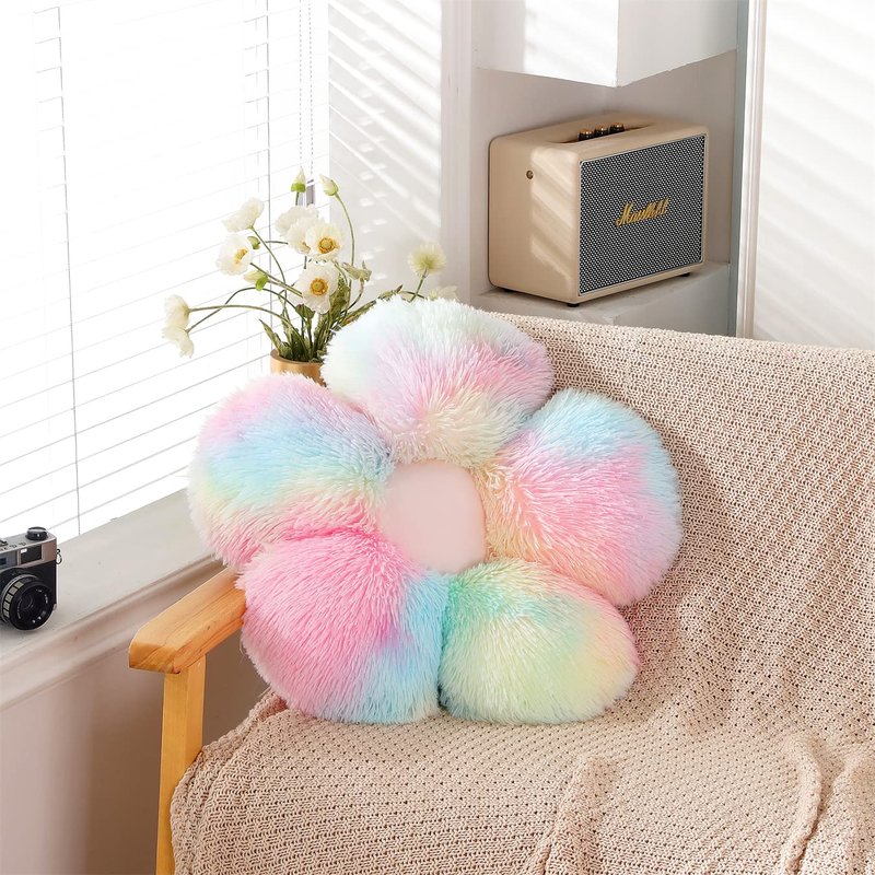 UGEYAO Faux Fur Pillow,Flower Shaped Throw Pillow Butt Cushion Flower Floor Pillow,Seating Cushion,Cute Room Decor & Plush Pillow for Bedroom Sofa Chair (19.7 Inches, Rainbow Pink)