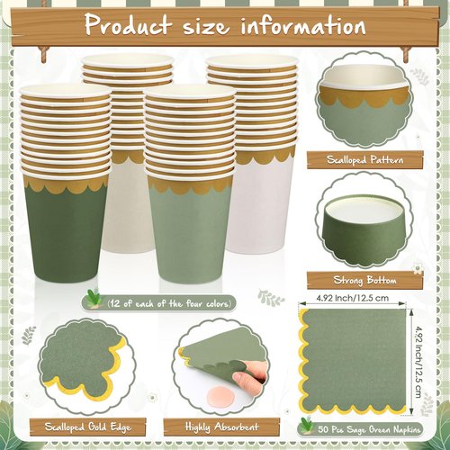 Mimorou 342 Pcs Sage Green Party Supplies Green Tableware Paper Disposable Plates Napkins Cups Plastic Tablecloth Sage Golden Triangle Banner for Wedding Bachelorette Birthday