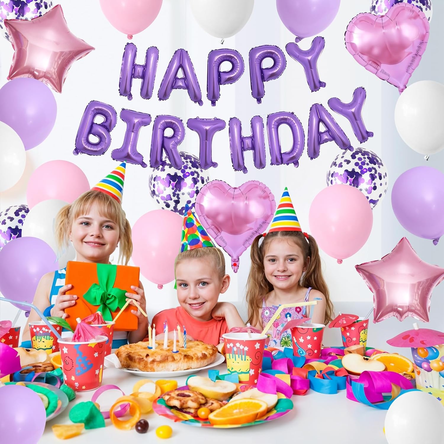 Pink Purple Birthday Decorations | Regine Switzerland Happy Birthday Balloon Banner & Confetti Balloons