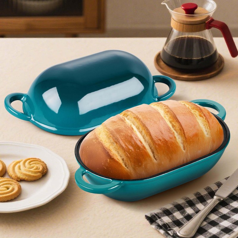Homikit Enameled Cast Iron Dutch Oven for Bread Baking, 2.8 QT Oval Bread Oven Pot with Lid, 9.5 x 5.7 Inch Sourdough Loaf Baking Pan for Homemade Bread, Heavy Duty & Oven Safe, Dark Green