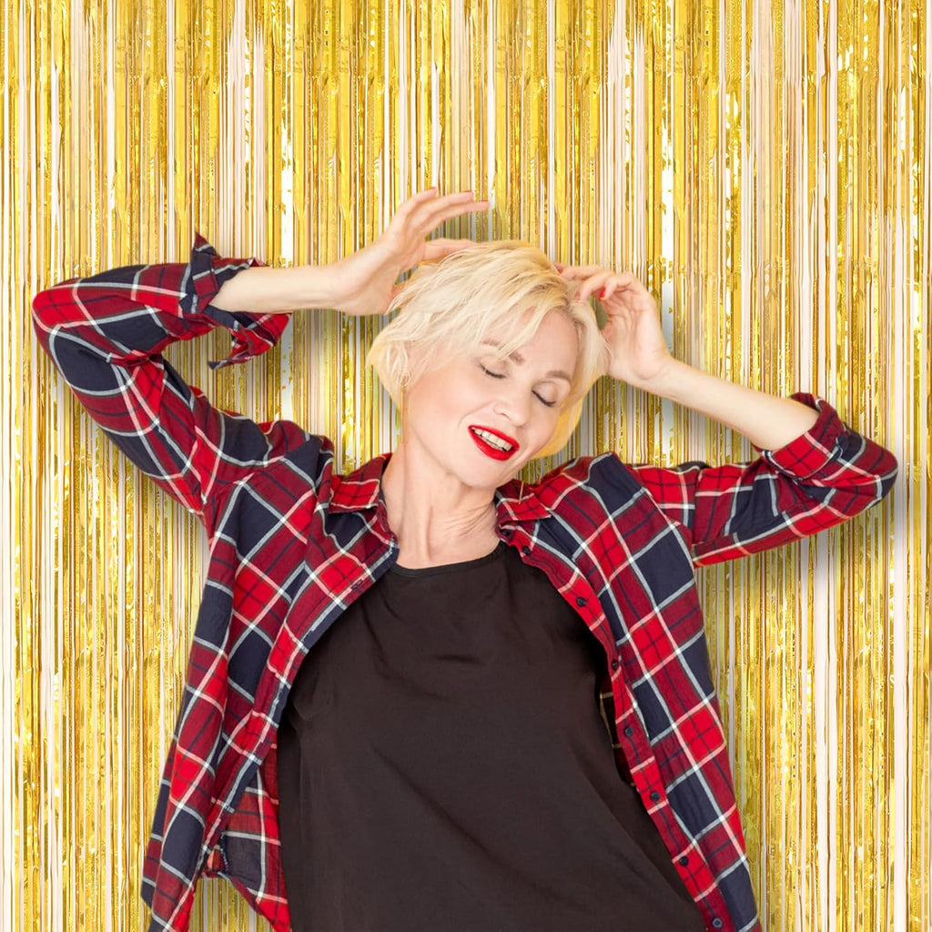 Voircoloria 3 Pack Laser Gold Foil Fringe Backdrop Curtains - 3.3 x 8.2 ft Tinsel Streamers for Parties
