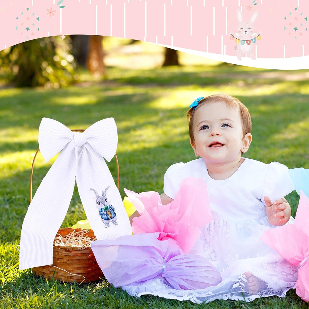 Wavwavw Seersucker Easter Basket - Embroidered Bunny Design with Large Pastel Gift Bow | White