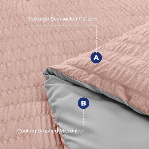 HYMOKEGE Queen Comforter Set - Luxurious 7-Piece Seersucker Bedding in Rose Gold & Light Grey