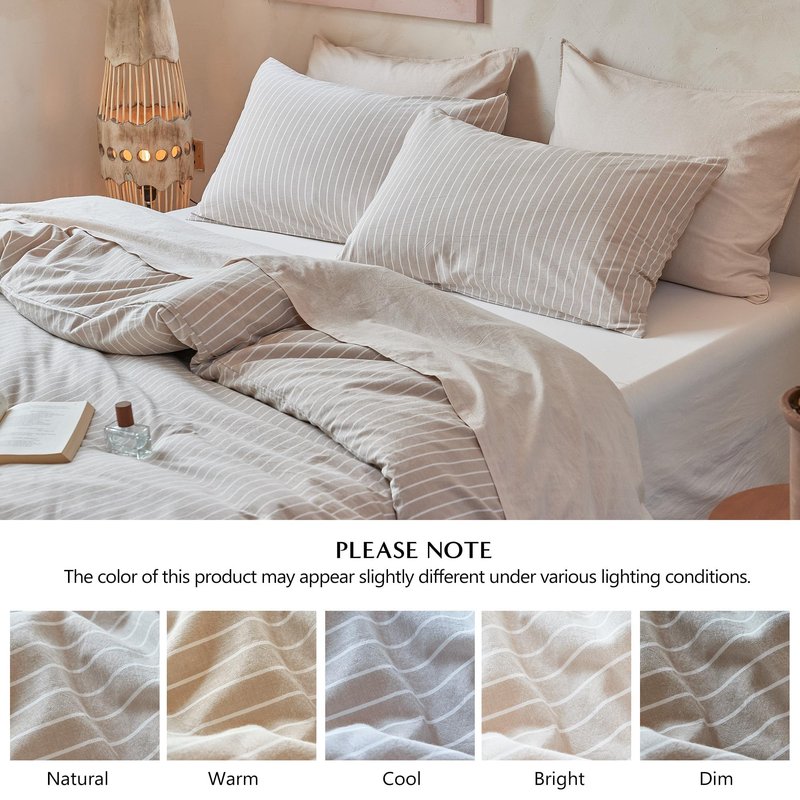 QKTE Striped 100% Washed Cotton Duvet Cover Set King Size 3Pcs(1 Comforter Cover&2 Pillowcases), Natural Cotton Bedding Set Soft Breathable Farmhouse Zipper Closure All Seasons(Khaki-White,King)
