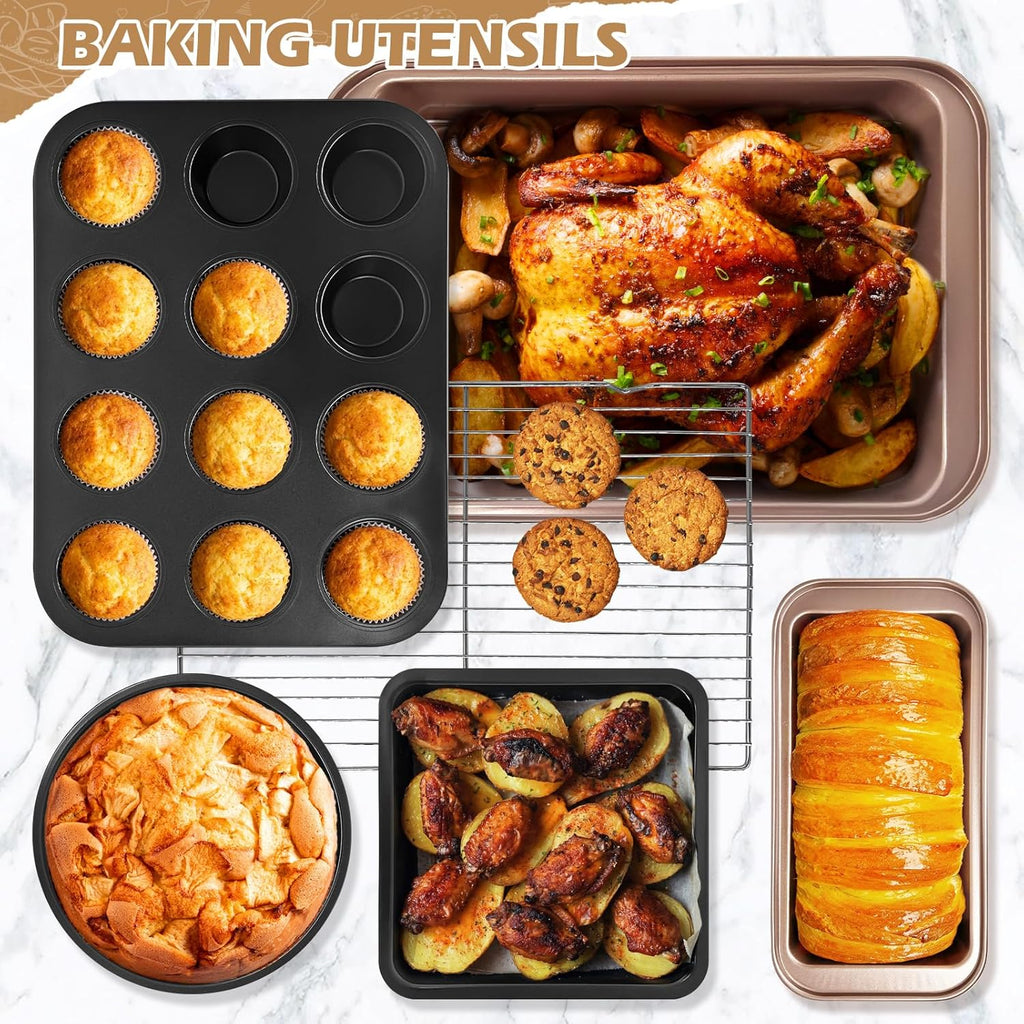 Skiennix Nonstick Bakeware Set - 15-Piece Baking Pan Set with Cooling Rack & Accessories | Oven Safe Metal