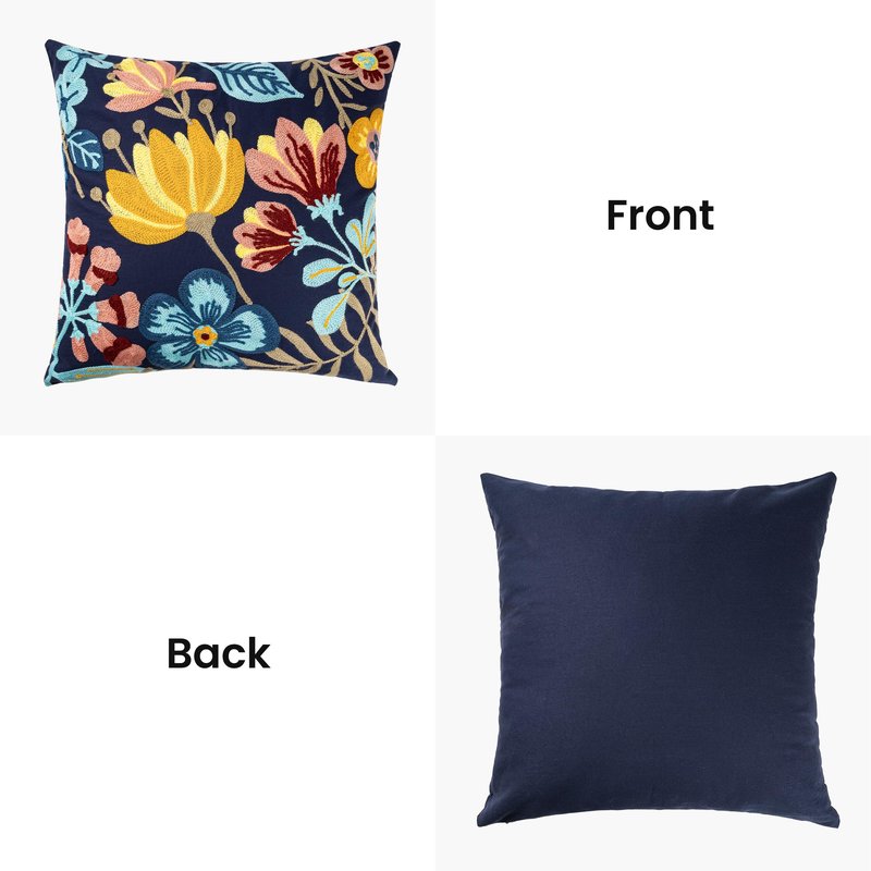AELS Embroidered Throw Pillow Covers 18"x18" Set of 2, Boho Chic Modern Farmhouse Floral Cotton Cushion Covers for Couch, Sofa, Bed, and Living Room Decor – Blue Yellow Flower