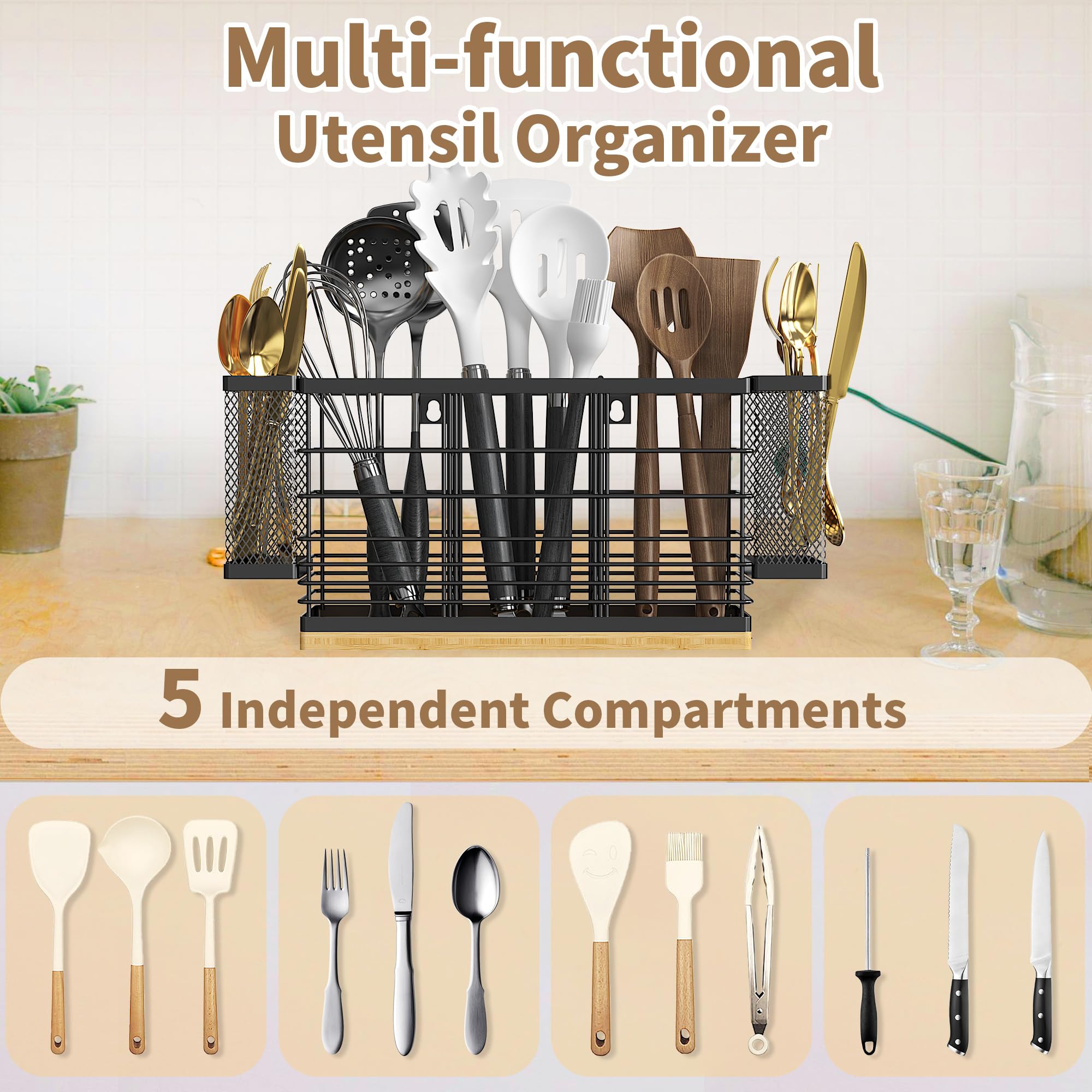 BEGULF Large Utensil Holder for Kitchen Counter, Wall Mounted Silverware Caddy with 5 Compartments, Metal Utensil Caddy with 2 Small Removable Basket and Wooden Base