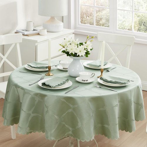 Newbridge Ribbons and Bows Damask Spring & Easter Holiday Fabric Tablecloth, Sage Green, 70 Inch Round, Wrinkle & Stain Resistant Table Cover