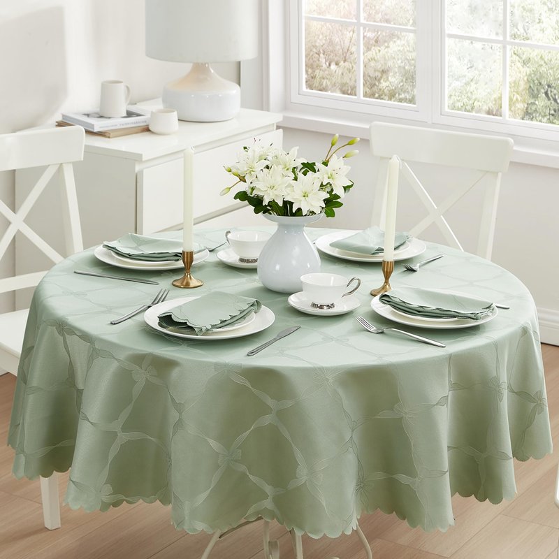 Newbridge Ribbons and Bows Damask Fabric Tablecloth, Sage Green, 70 Inch Round, Wrinkle & Stain Resistant Table Cover
