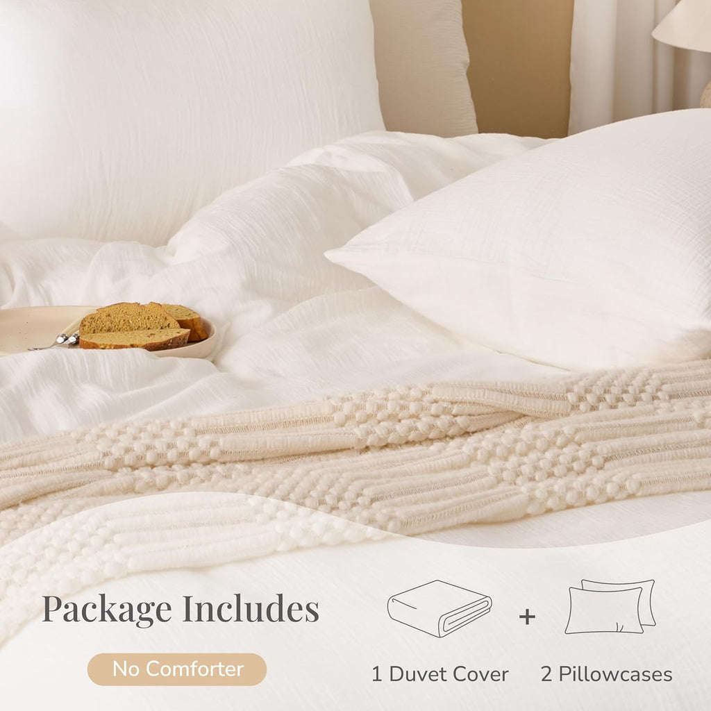 Skiennix Off White Queen Duvet Cover Set - 100% Sandwashed Cotton, 3 Pieces with Zipper Closure & Corner Buttons