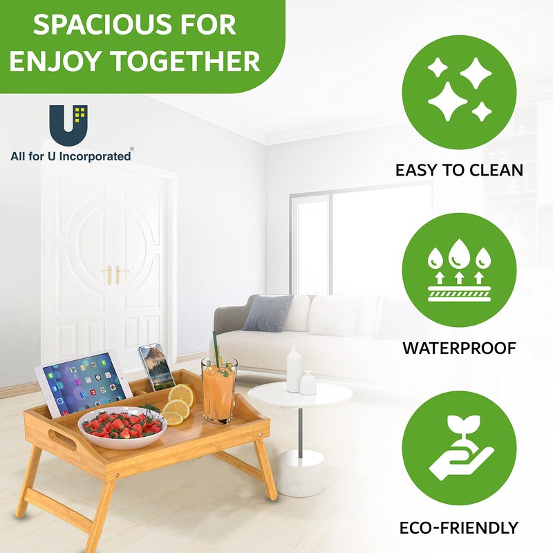 Bamboo Bed Tray with Folding Legs, Portable Serving Tray for Breakfast in Bed, Reading, Working or Picnics (Large)