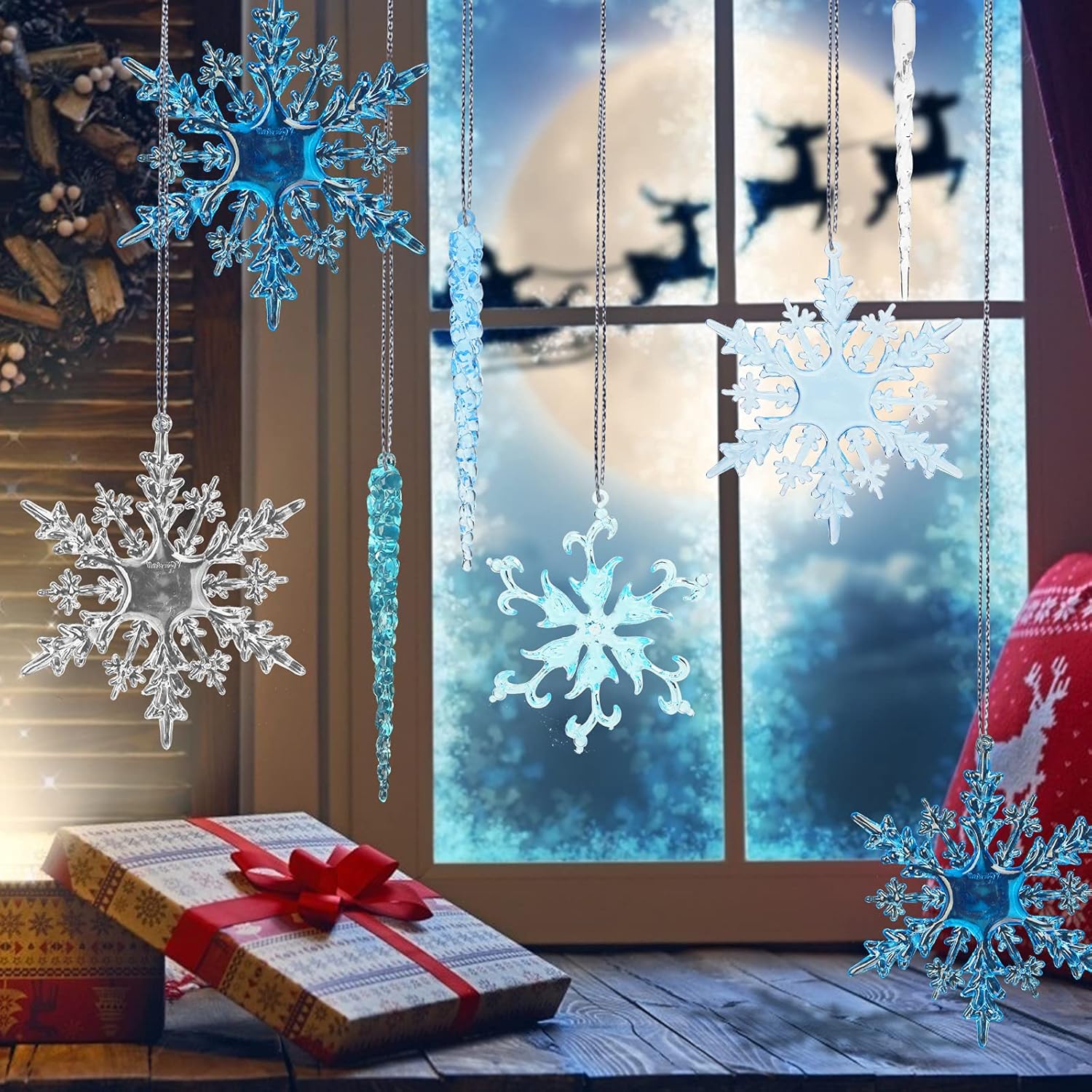 VGOODALL Clear Snowflake & Icicle Ornaments - 36PCS Acrylic Christmas Tree Decorations | Gold & Silver Strings