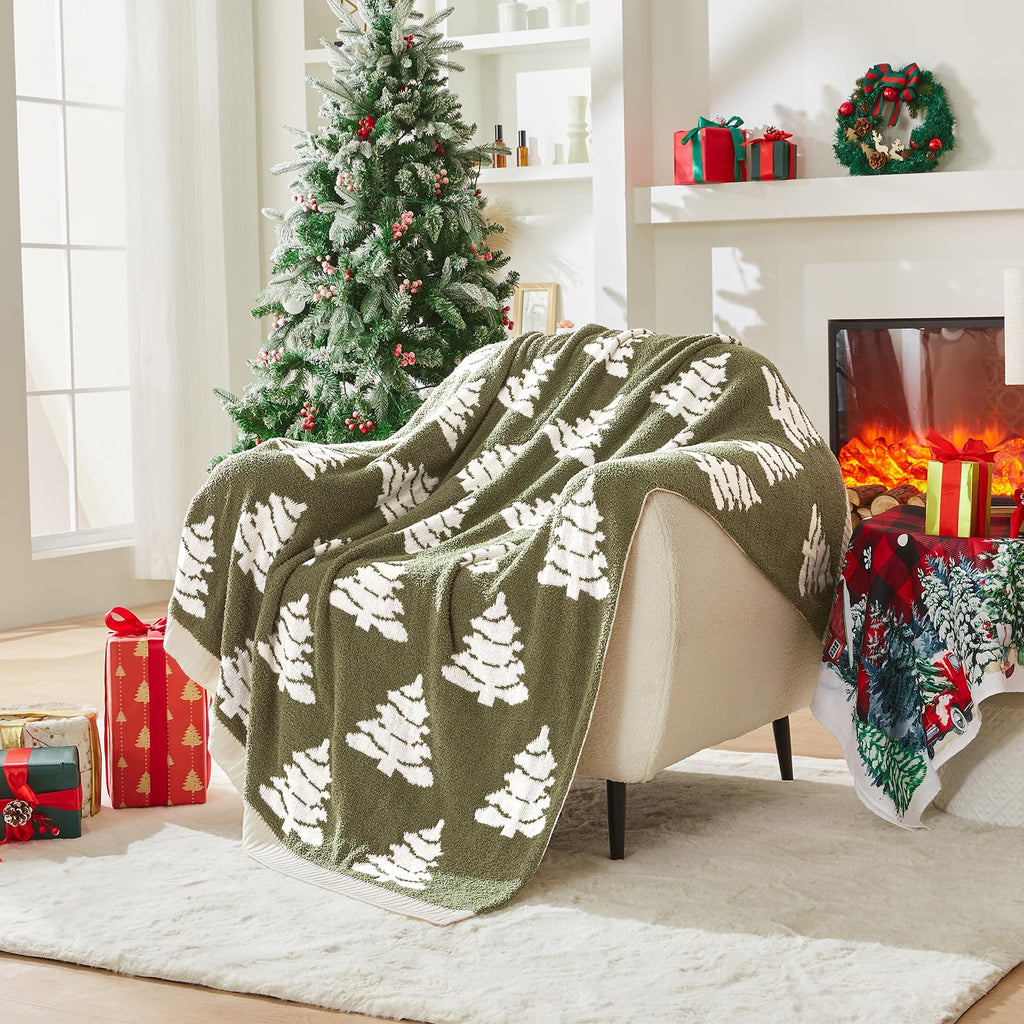 Douceur Christmas Tree Throw Blanket, Ultra Soft Olive Green Fluffy Festival Blanket, Reversible Cozy Decorative Blanket for Bed Couch Sofa, Super Soft Indoor Living Room Plush Throws, 50"X60"