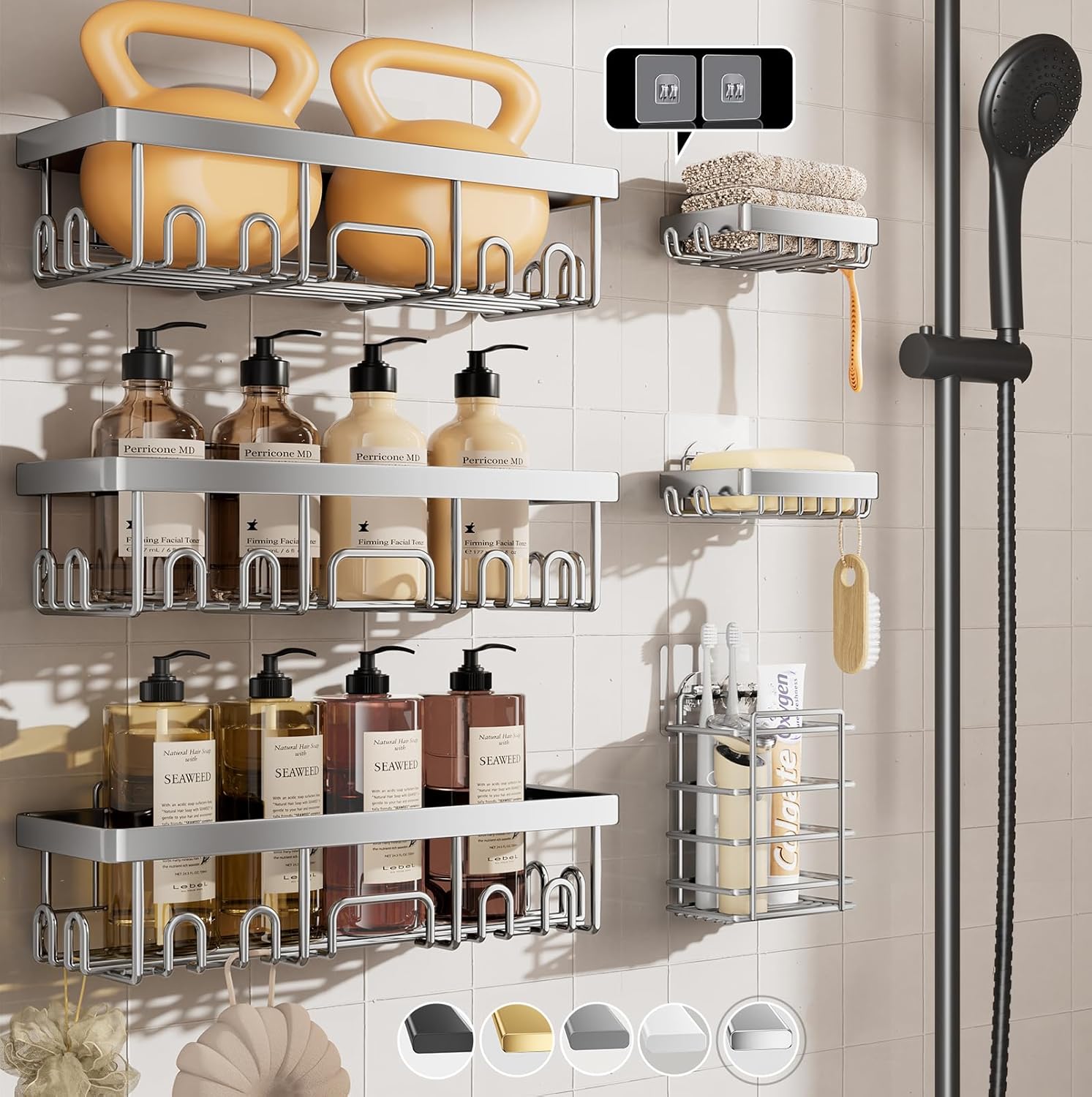 Veken Shower Caddy - Award-Winning Large Wall Mounted Organizer | 6-Pack Bathroom Storage with Soap Dish & Toothbrush Holder