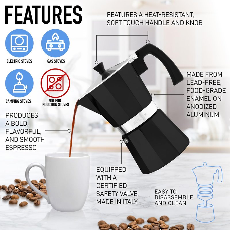 Zulay Moka Pot Espresso Stovetop Coffee Maker - Leak-Proof, Stainless Steel, Easy to Clean, Heat Resistant Handle & Knob - for Authentic Cuban & Italian Style Espresso - Makes 9 Espresso Cups - Black