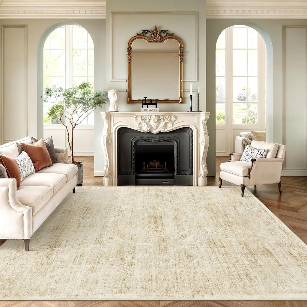 Soalmost Washable Area Rug - Large Vintage Beige 8x10 Soft Rug for Living Room & Bedroom | Non-Slip Design