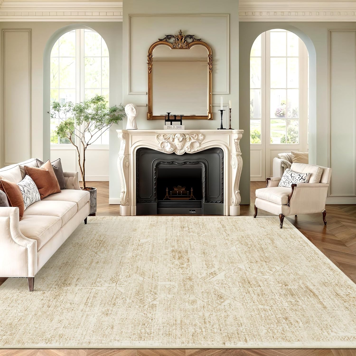 Soalmost Washable Area Rug - Large Vintage Beige 8x10 Soft Rug for Living Room & Bedroom | Non-Slip Design