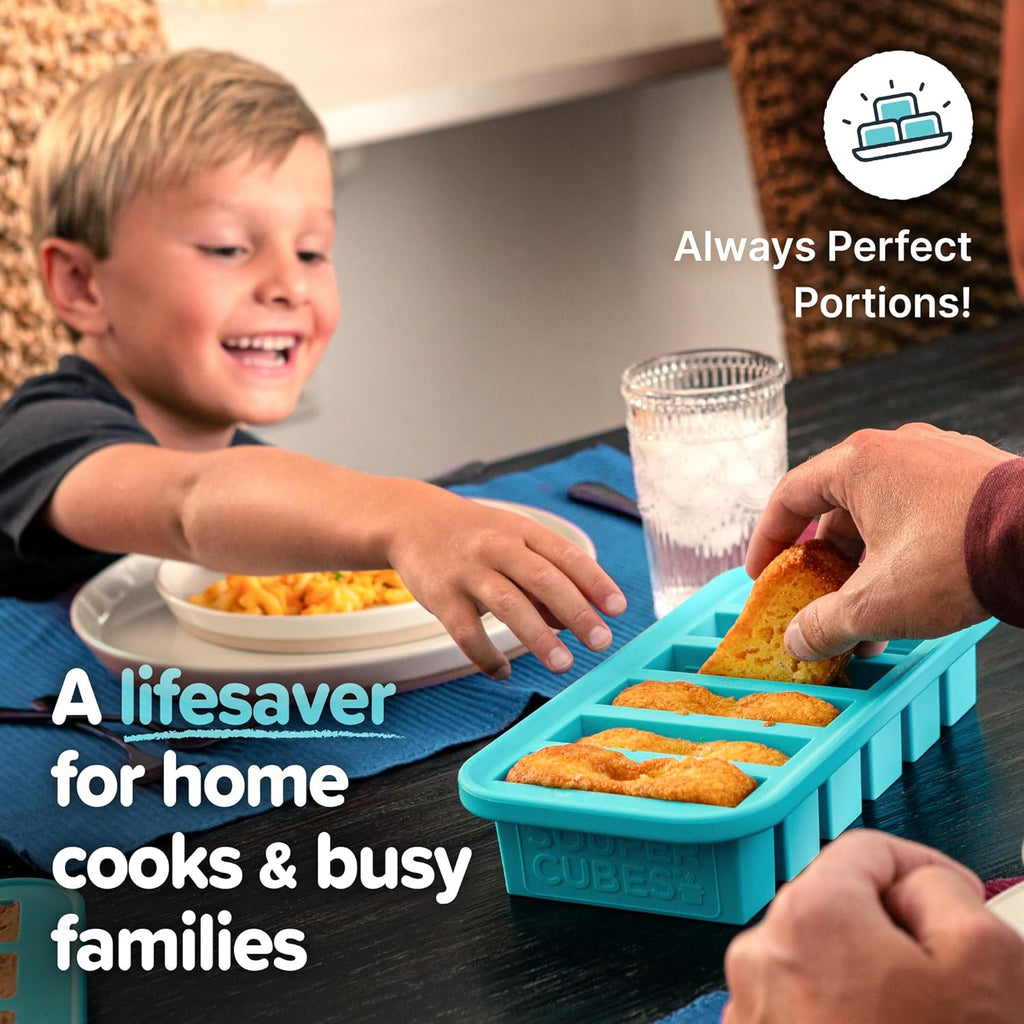 Souper Cubes Silicone Freezer Molds Set - Meal Prep Trays with Lids, 2 Tbsp, 1/2, 1 & 2 Cup - Aqua