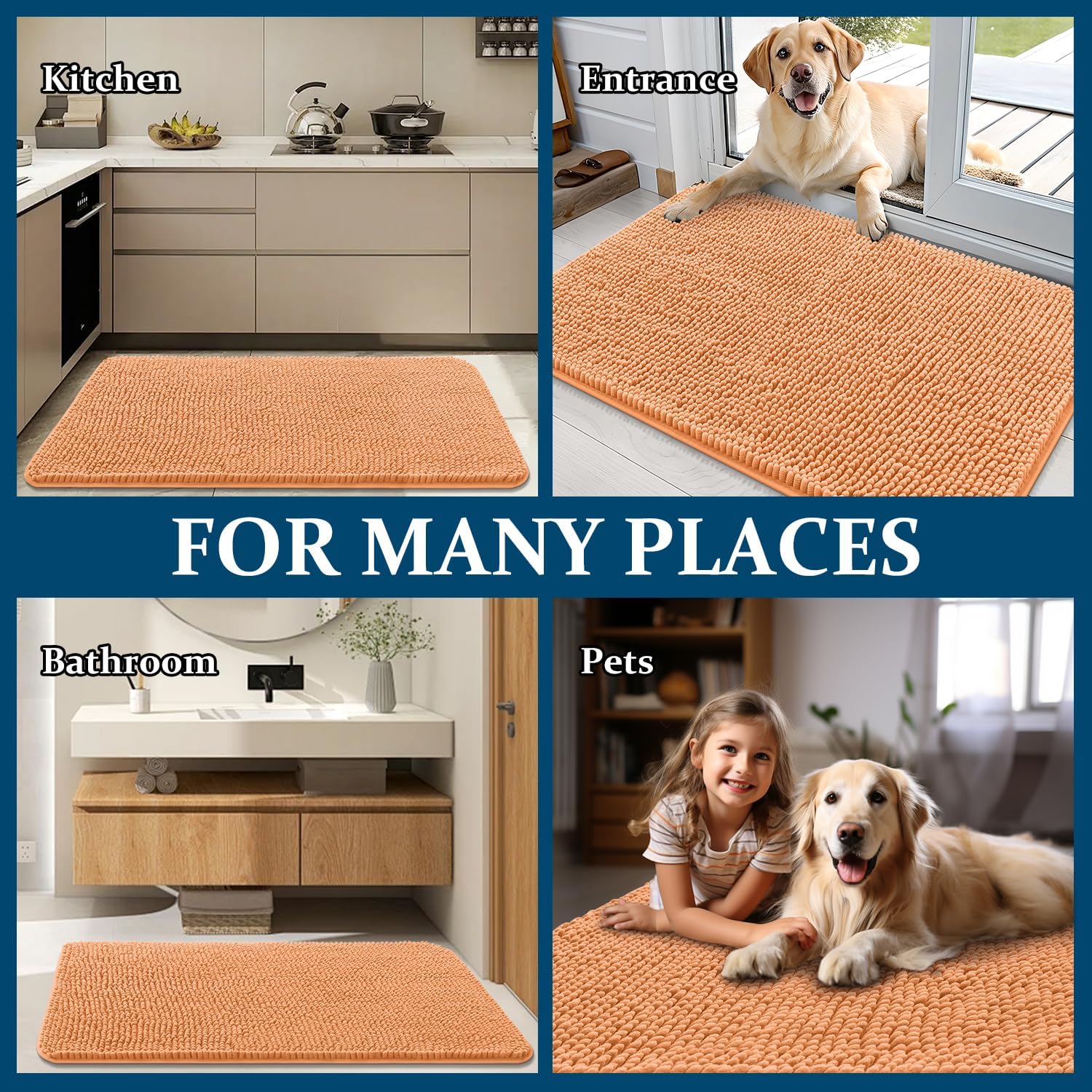 OLANLY Dog Door Mat - Absorbent Non-Slip Chenille for Muddy Paws | 47x20 Inches, Quick Dry, Orange