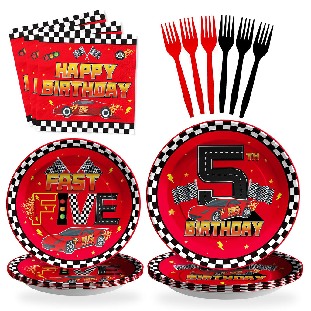 Grencian 96Pcs Red Race Car 5th Birthday Party Decorations Supplies Hot Car Plates and Napkins Racing Themed Disposable Tableware Set for 5 years old Boys Transportation Birthday Party Serve 24