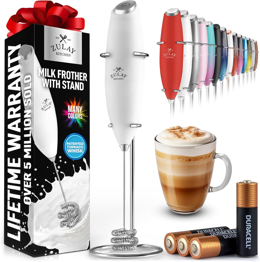Zulay Kitchen Tornado Triple Whisk Milk Frother - Handheld Foam Maker for Coffee & Lattes | Blizzard White, 4 Batteries Included