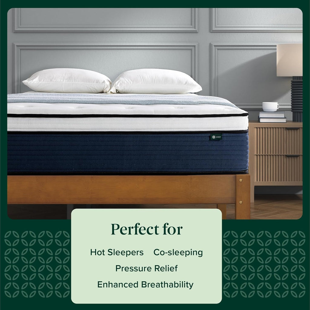 ZINUS 12 Inch Queen Comfort Support Hybrid Mattress - Fiberglass Free, Medium Plush, Motion Isolation, Safe Materials