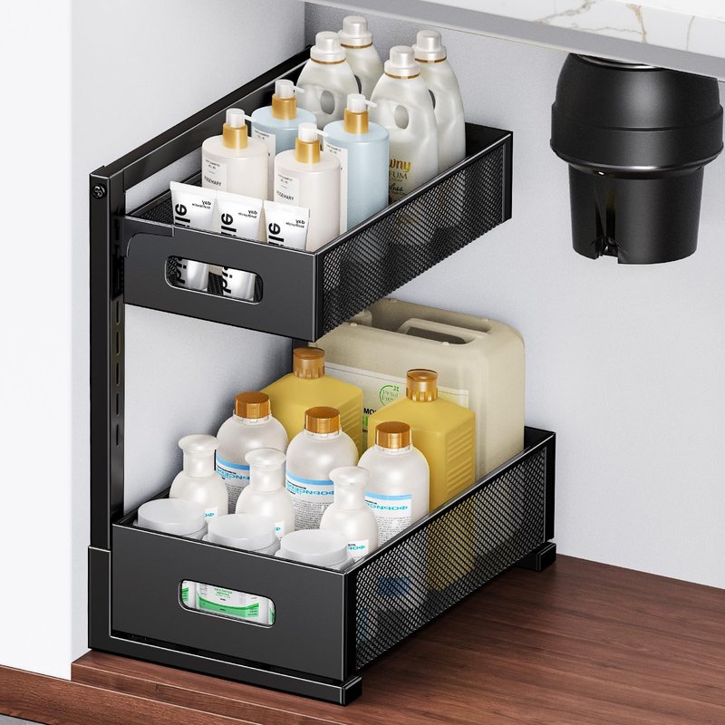 HAIREALM 2 Pack Under Sink Organizer, Adjustable Height Under Sink Organizers and Storage, Smooth & Silent Sliding Out Metal Drawer for Kitchen Bathroom Pantry Cabinet Closet (White)