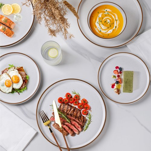 AmorArc Dinnerware Set for 6, 18 Pieces Ceramic Plates and Bowls Set, Handcrafted Speckled Stoneware Plates, Dishwasher & Microwave Safe Dishes - (White, Service for 6)