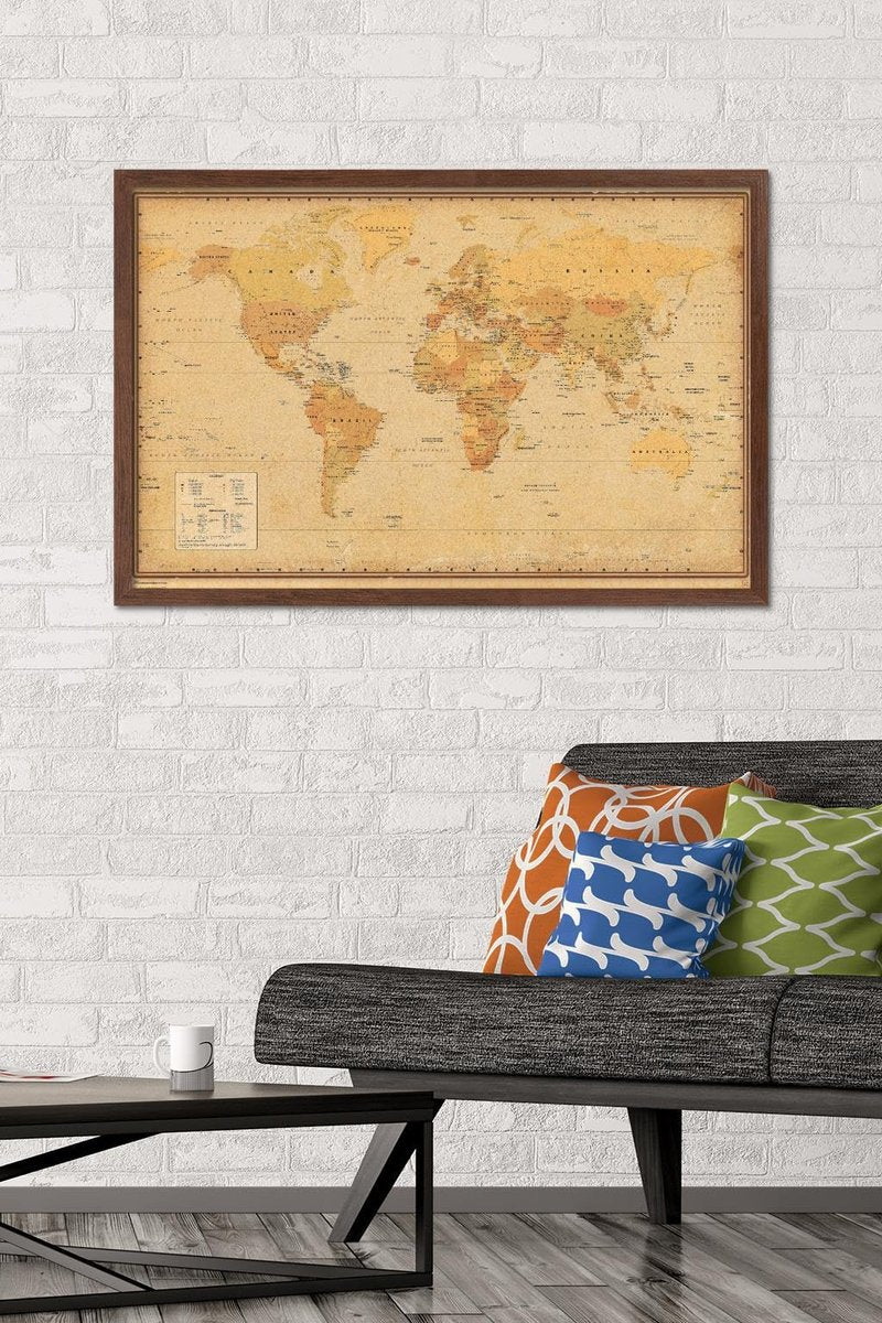 Antique World Map 2024 Wall Poster, 34L" x 22.4W", Mahogany Framed Version