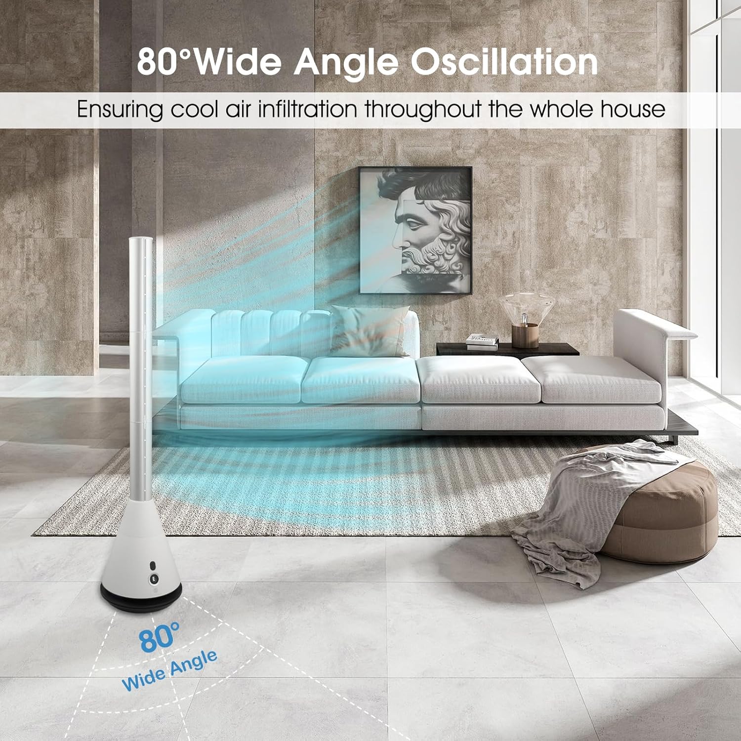 Skiennix Bladeless Tower Fan - 80° Oscillation, 9 Speeds & Remote Control | Ideal for Home & Office