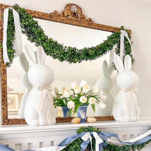 Lineshading White Easter Bunny Decoration - 25" Flocked Standing Bunny Figurine for Porch & Lawn
