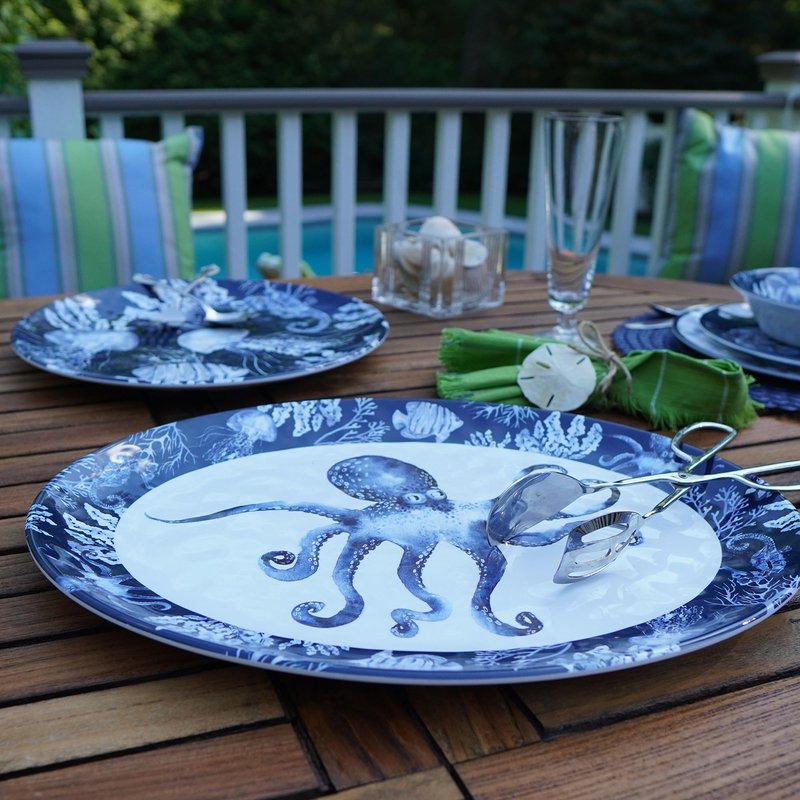 Sea Life Melamine 2-Piece Platter Set – Coastal Nautical Oval and Round Serving Trays with Octopus & Ocean Creatures, Break-Resistant Beach House Tableware, Dishwasher Safe, Indoor/Outdoor Use