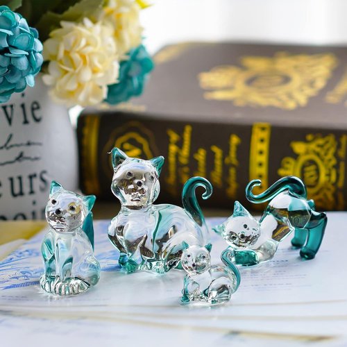 HDCRYSTALGIFTS Blown Glass Cat Figurines - 4 Emerald Green Collectible Kittens for Home Decor