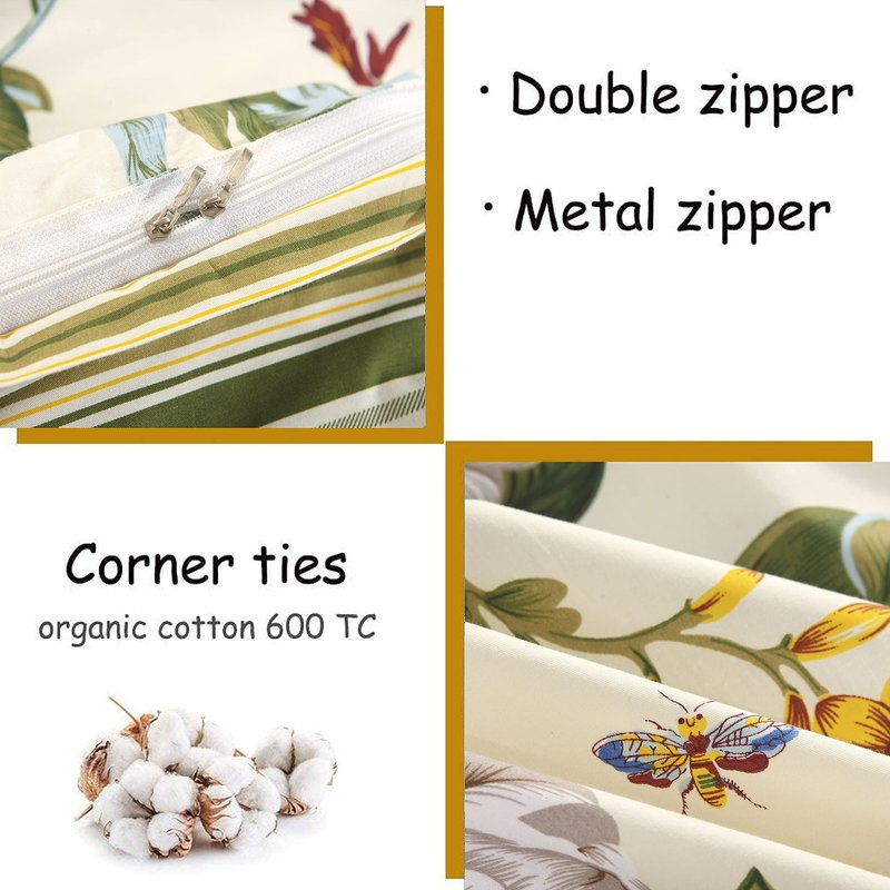 FADFAY Floral Duvet Cover Set 100% Cotton Green and Beige Striped Shabby Flower Bedding Branches Summer Bedding Reversible 600 TC Soft Zipper Comforter Cover & 2 Pillowcases，Queen