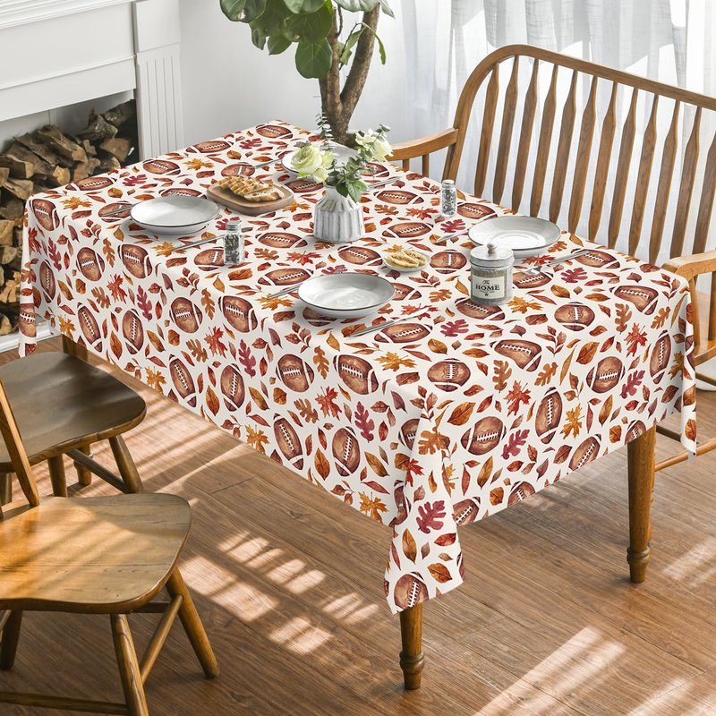 Horaldaily Fall Tablecloth 60×60 Inch Square, Thanksgiving Autumn Harvest Brown Leaves Football Table Cover for Party Picnic Dinner Decor