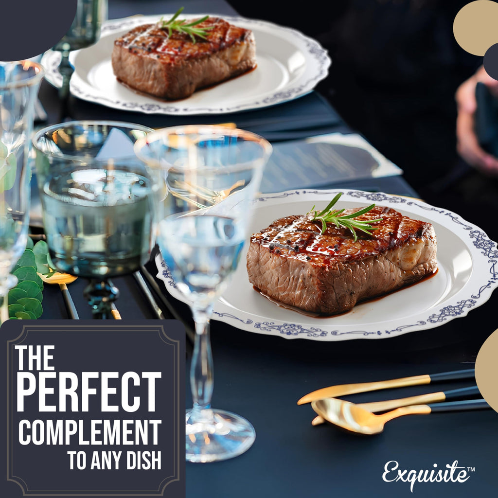 Exquisite Victorian Plastic Plates - 60 Piece Disposable Party Set for 60 Guests - 60 x 9 inch Dessert Plates - Heavy Duty White & Navy