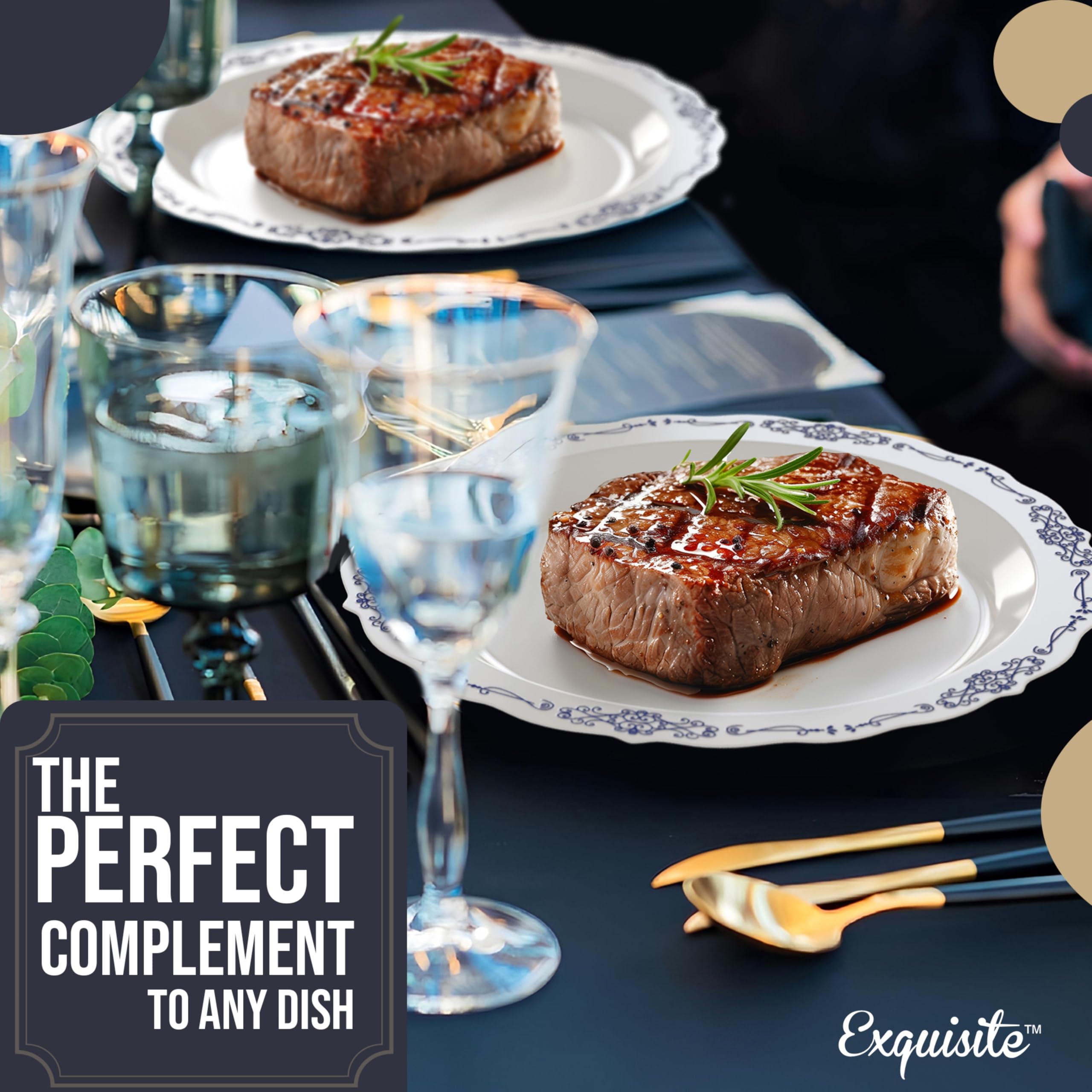 Exquisite Victorian Plastic Plates - 60 Piece Disposable Party Set for 60 Guests - 60 x 9 inch Dessert Plates - Heavy Duty White & Navy