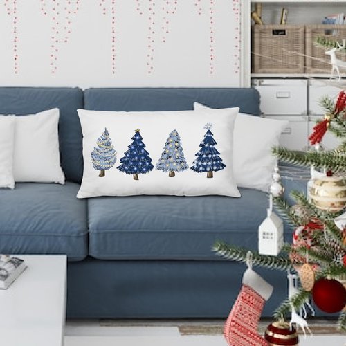 KEUSPI Navy Blue Christmas Decorations Christmases Tree Pillow Covers 12x20,Blue Christmas Decor Trees Xmas Pillow Cases Cushion Covers,Xams Christmases Decor Pillow Covers for Bedroom