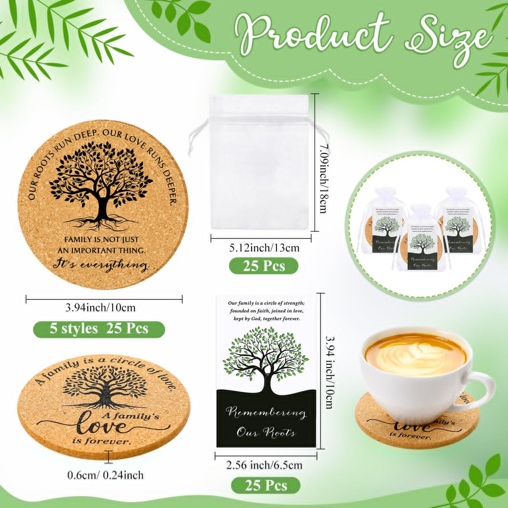 Teenyyou 25 Set Family Reunion Favors Include Our Roots Run Deep Our Love Runs Deeper Cork Coaster Absorbent Cork Mat with Card Organza Bag Summer Party Gift for Gathering Picnic