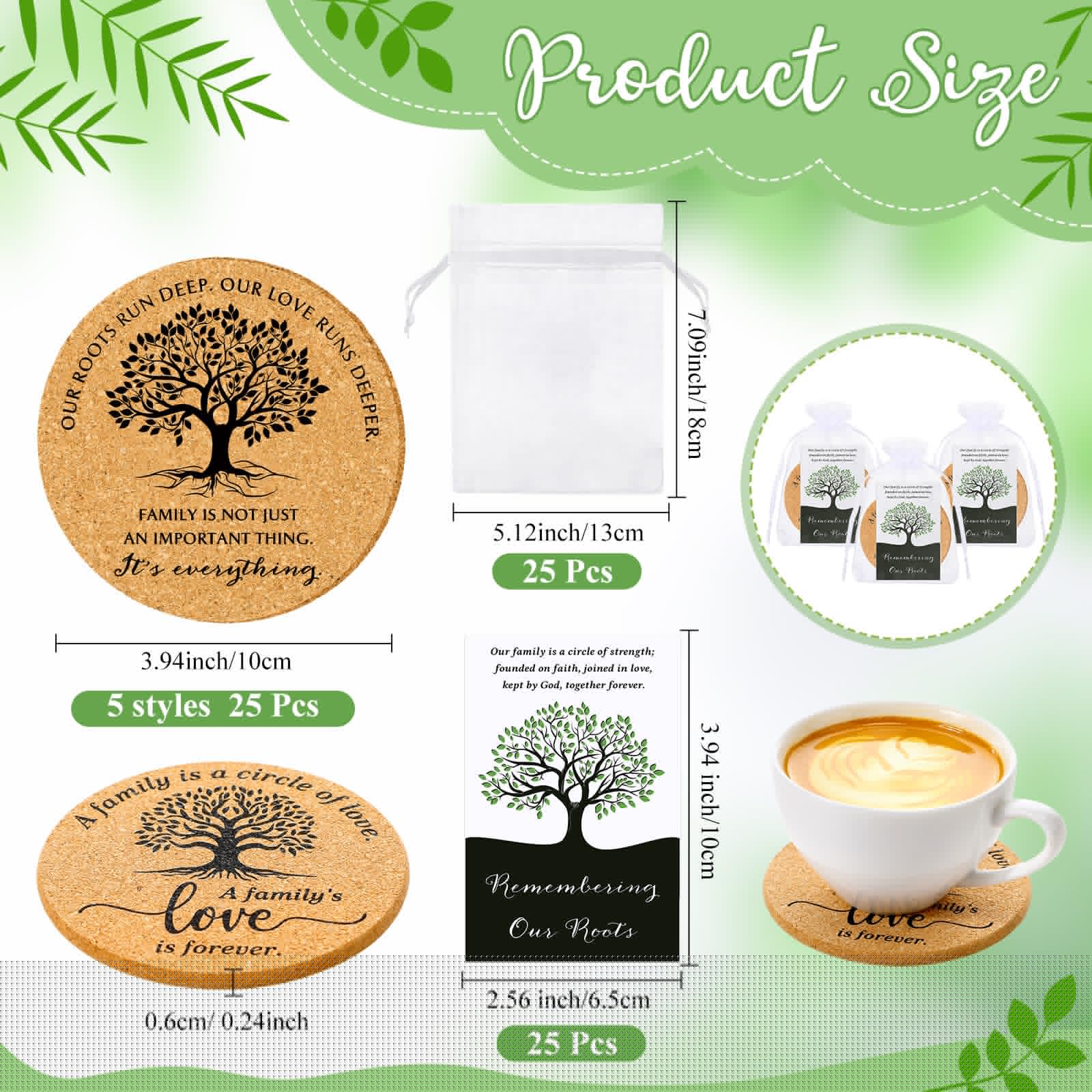 Teenyyou 25 Set Family Reunion Favors Include Our Roots Run Deep Our Love Runs Deeper Cork Coaster Absorbent Cork Mat with Card Organza Bag Summer Party Gift for Gathering Picnic