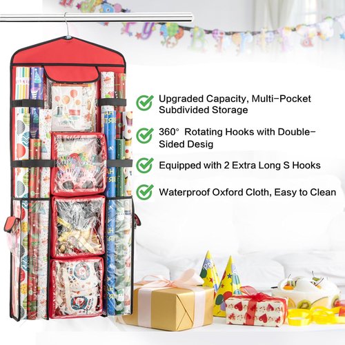Christmas Wrapping Paper Organizer - Double-Sided Gift Bag Storage Holder | Red Color